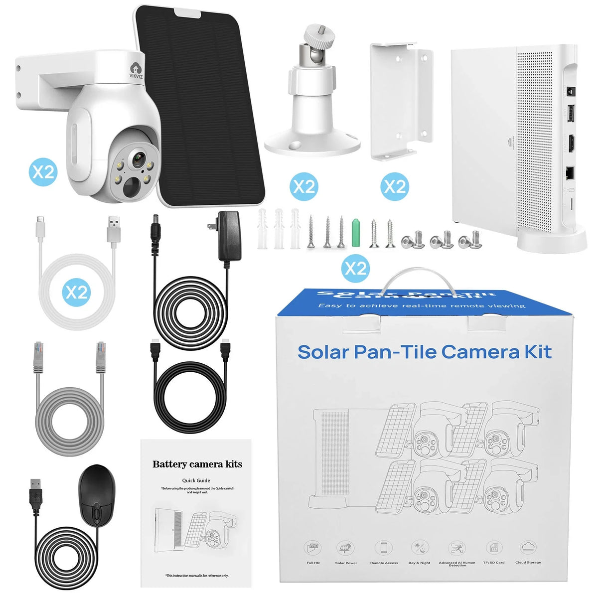 4MP Panels 10CH NVR IP HDD Battery System 2.5inch Wireless Solar with WiFi 2Pcs , Camera PTZ CCTV KIT