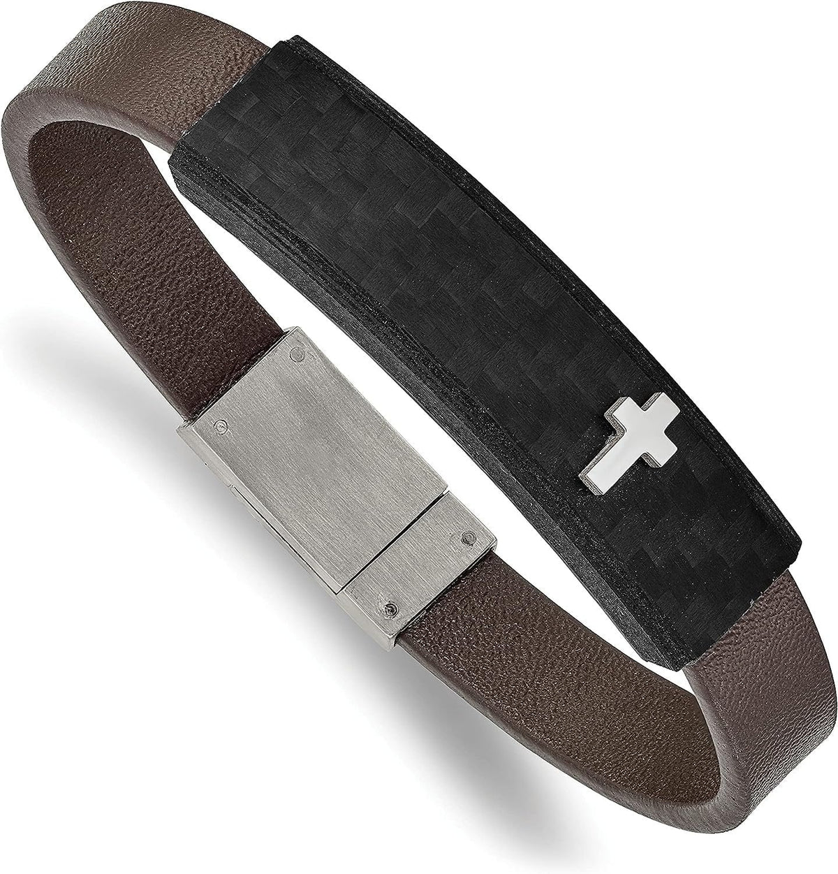 Polished - Faux Steel Chisel Fiber Carbon Cross 8" Stainless Bracelet Brown Leather Solid