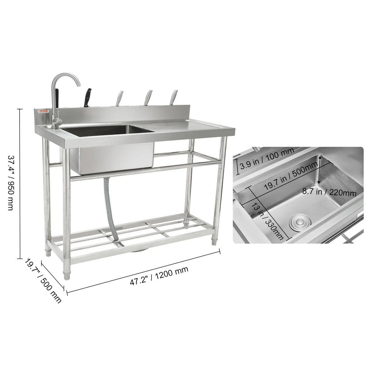 Bowl 47.2x19.7x37.4 Sink Utility w/Workbench in Single Stainless Steel BENTISM