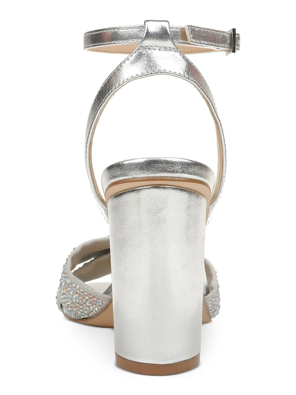 Rhinestone Round Silver BADGLEY Dress Toe JEWEL Twisted M Block Ankle MISCHKA Buckle Adjustable Strap Heeled Sandal Nicoline Metallic Strap Heel Strap Womens Padded 7.5