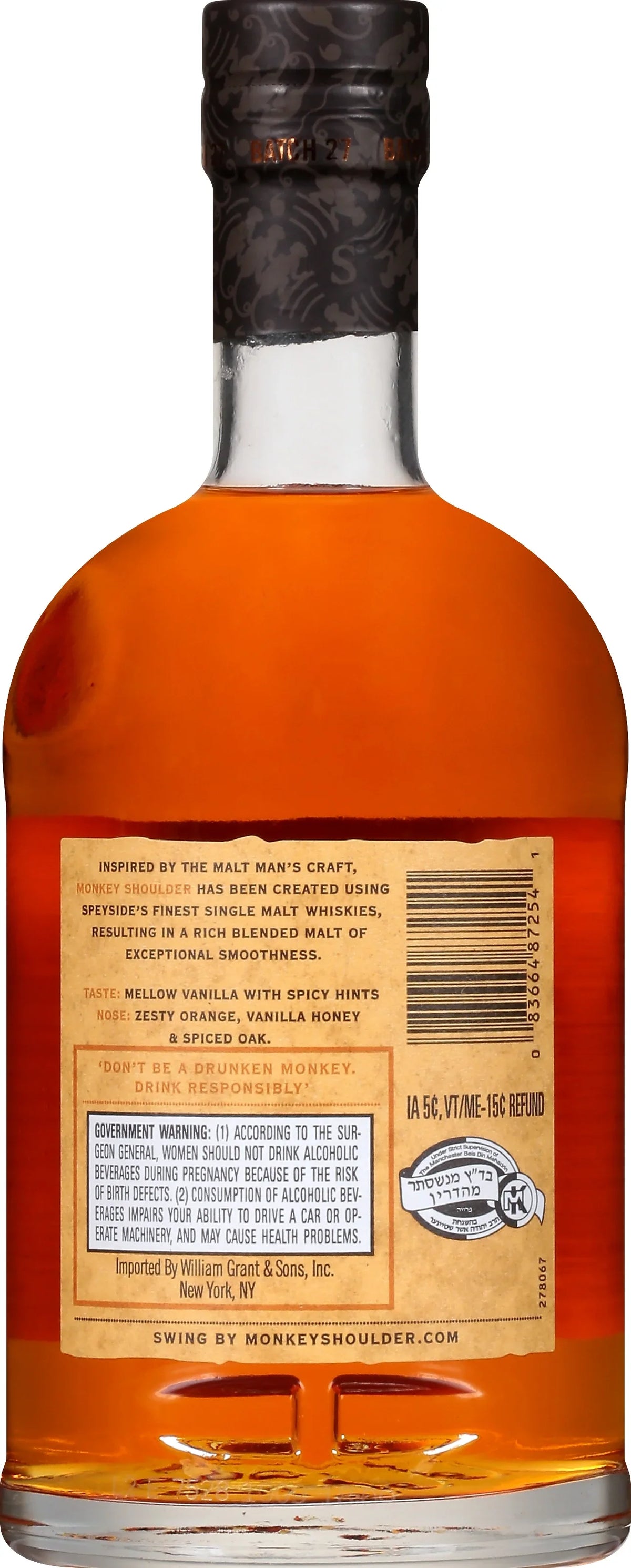 Whisky, Scotch Glass Proof 750ml Monkey 43% Bottle, Shoulder 86 ABV