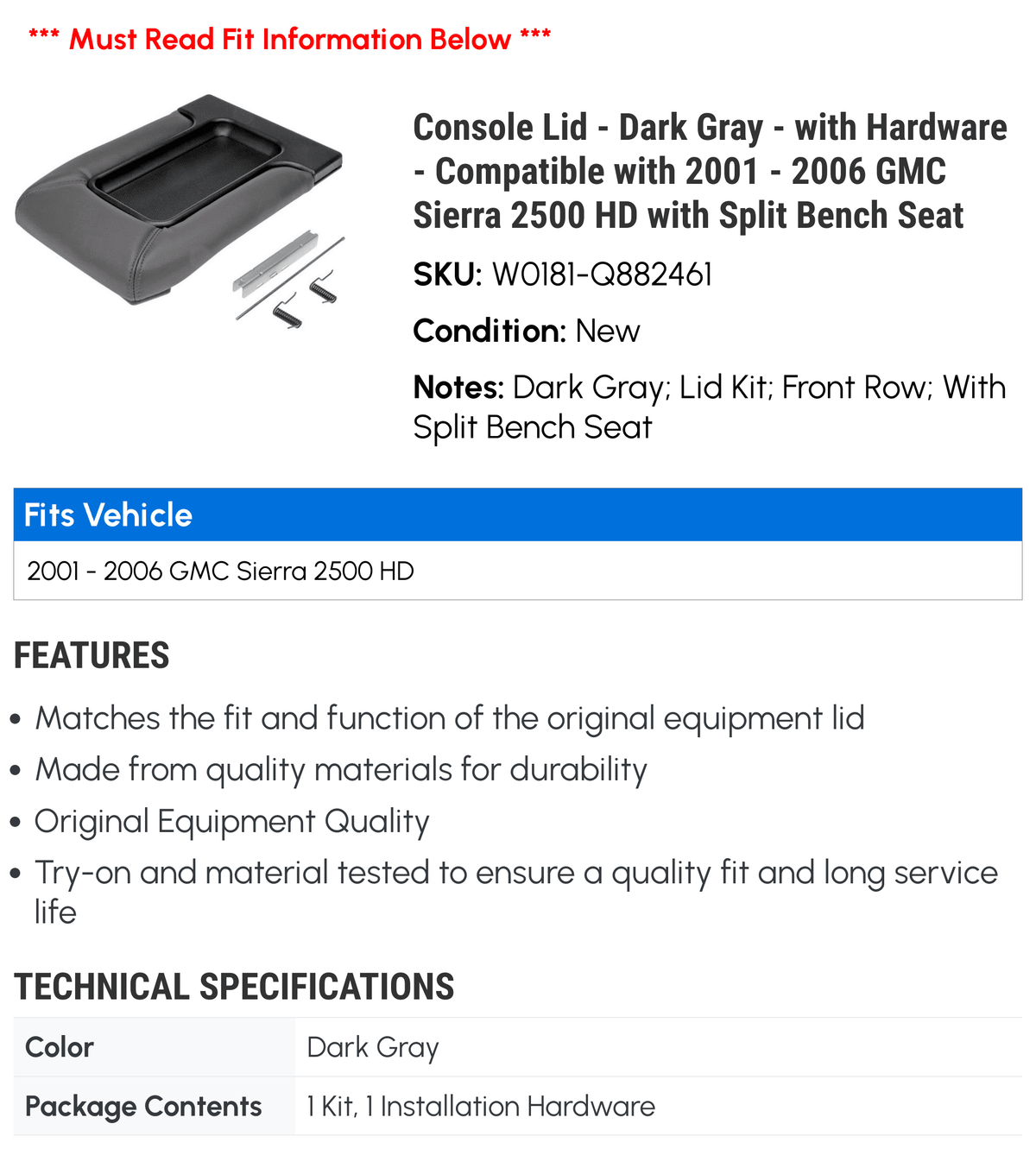 '- 2004 Bench GMC 2002 Dark with Seat - 2006 2005 with - Hardware Console 2001 with Compatible 2003 Split Lid HD - 2500 Sierra Gray