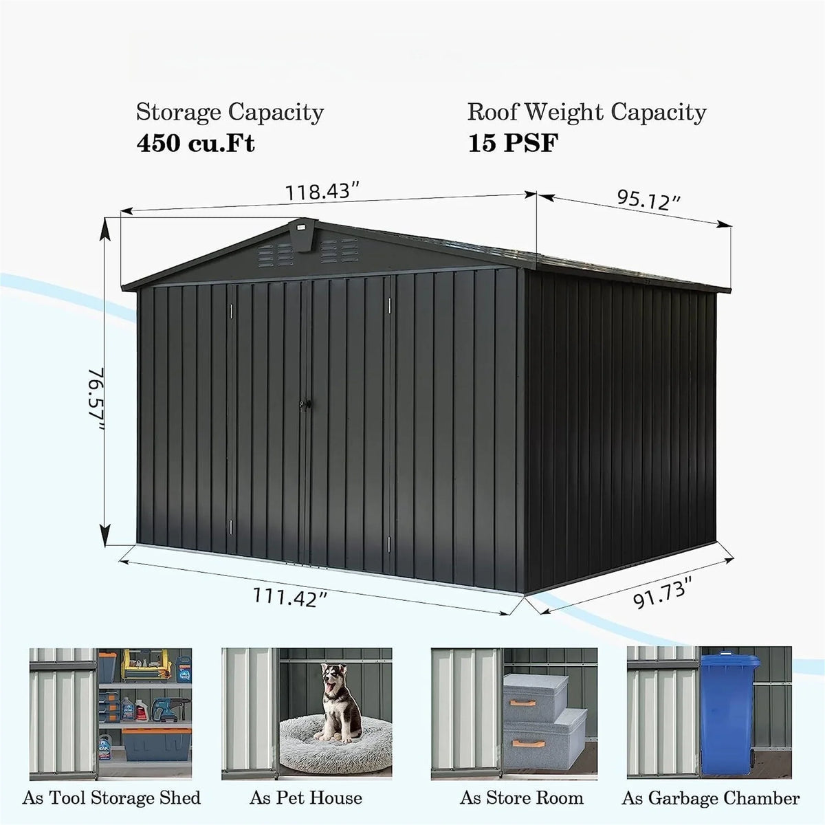 Lawn Door 8', with CoSoTower Metal Steel Trash for Lockable Outdoor Storage Shed Cabinet 10'X for Patio, Black) Bike, Garden Storage Backyard, Outdoor (10X8ft, Shed Galvanized Can, Tools,