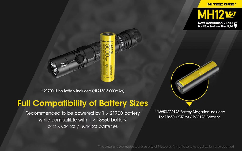 Battery V2 (Included) MH12 LED Flashlight 21700 XP-L2 -21700 + V6 -1200 Battery NL2150HPi CREE Lumens Combo: Nitecore 5000mAh