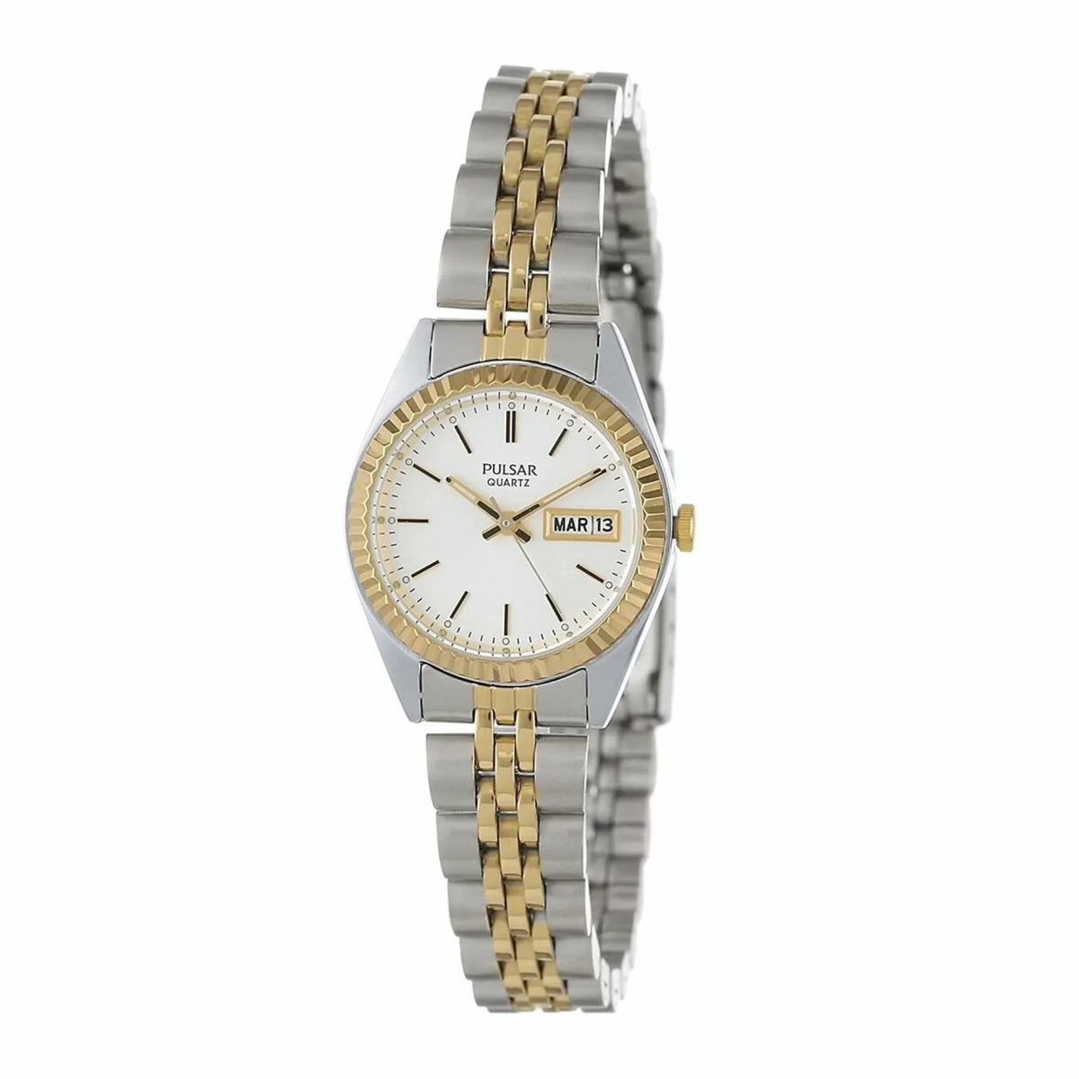 Day/Date Ladies Watch White Bracelet Face Case - Stainless Gold-Tone