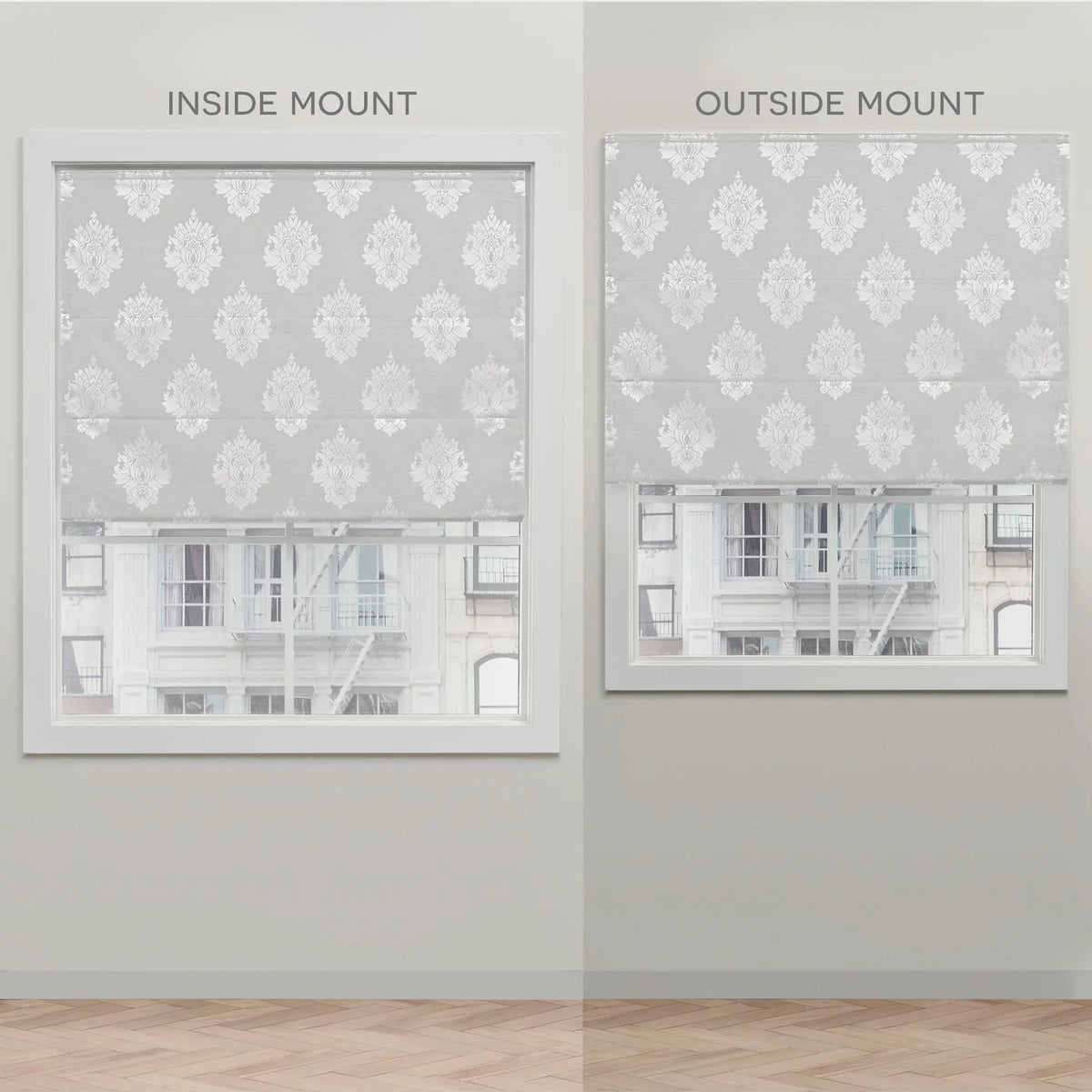 Silver Damask Exclusive Home 34"x64", 100% Marseilles Roman Shade, Blackout
