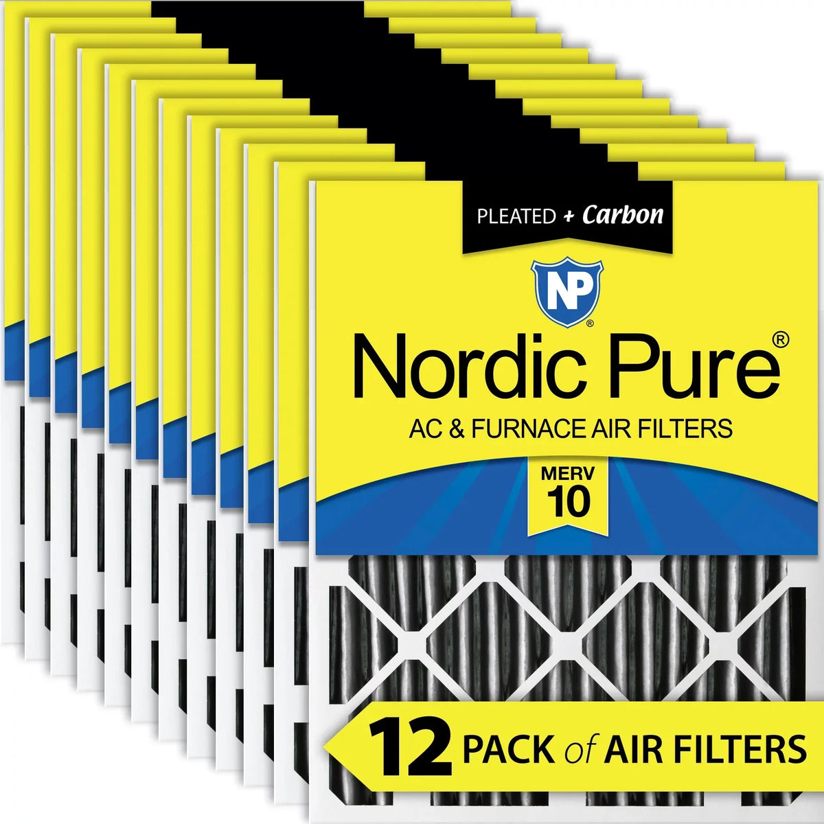 Pleated 12 Carbon Nordic 20x20x2 Pure Plus Air 10 Filters Pleated Pack MERV
