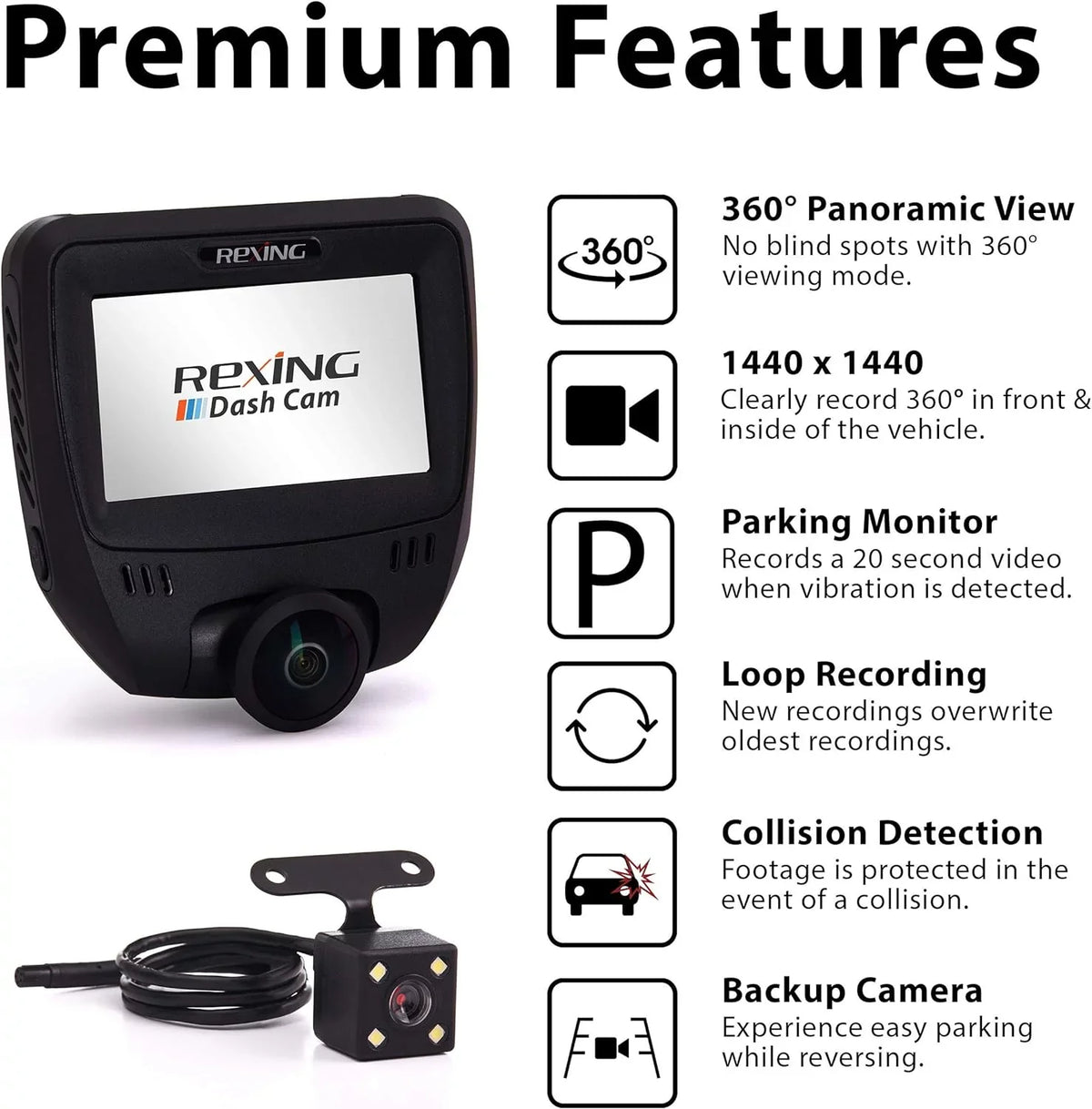 Rexing - Open V360 Box Degree Dual Angle Wide Dashboard Black 360 Channel Camera