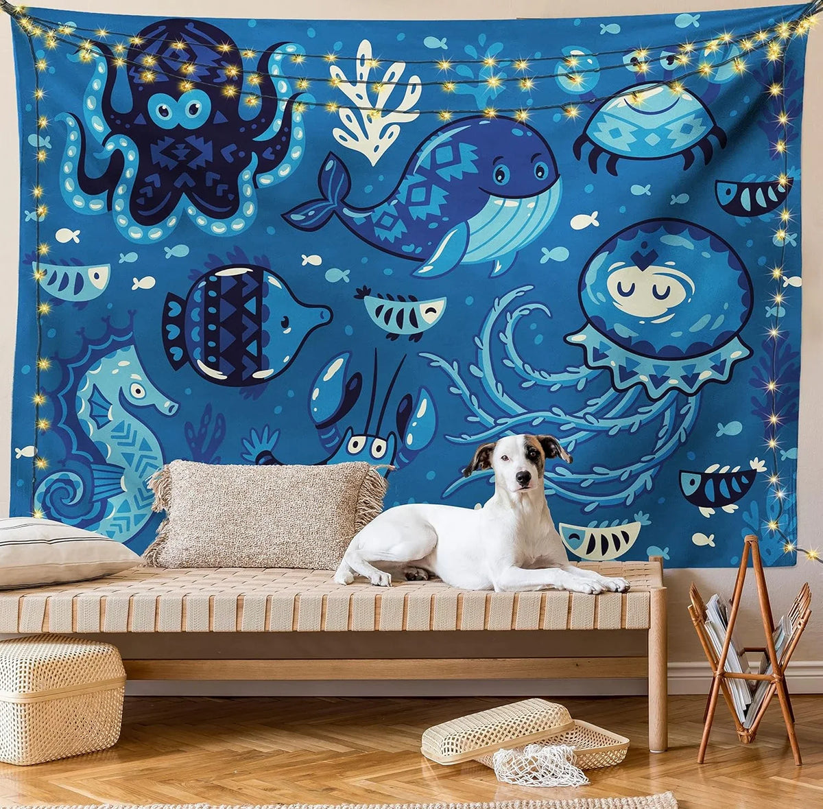 Octopus Moss Dorm, Fish Room Hanging Whale Tapestry, Animals X Fabric Living Little And For 30", Deep Print, Ocean With Decor Blue 45" Cartoon Bedroom Wall Sealife