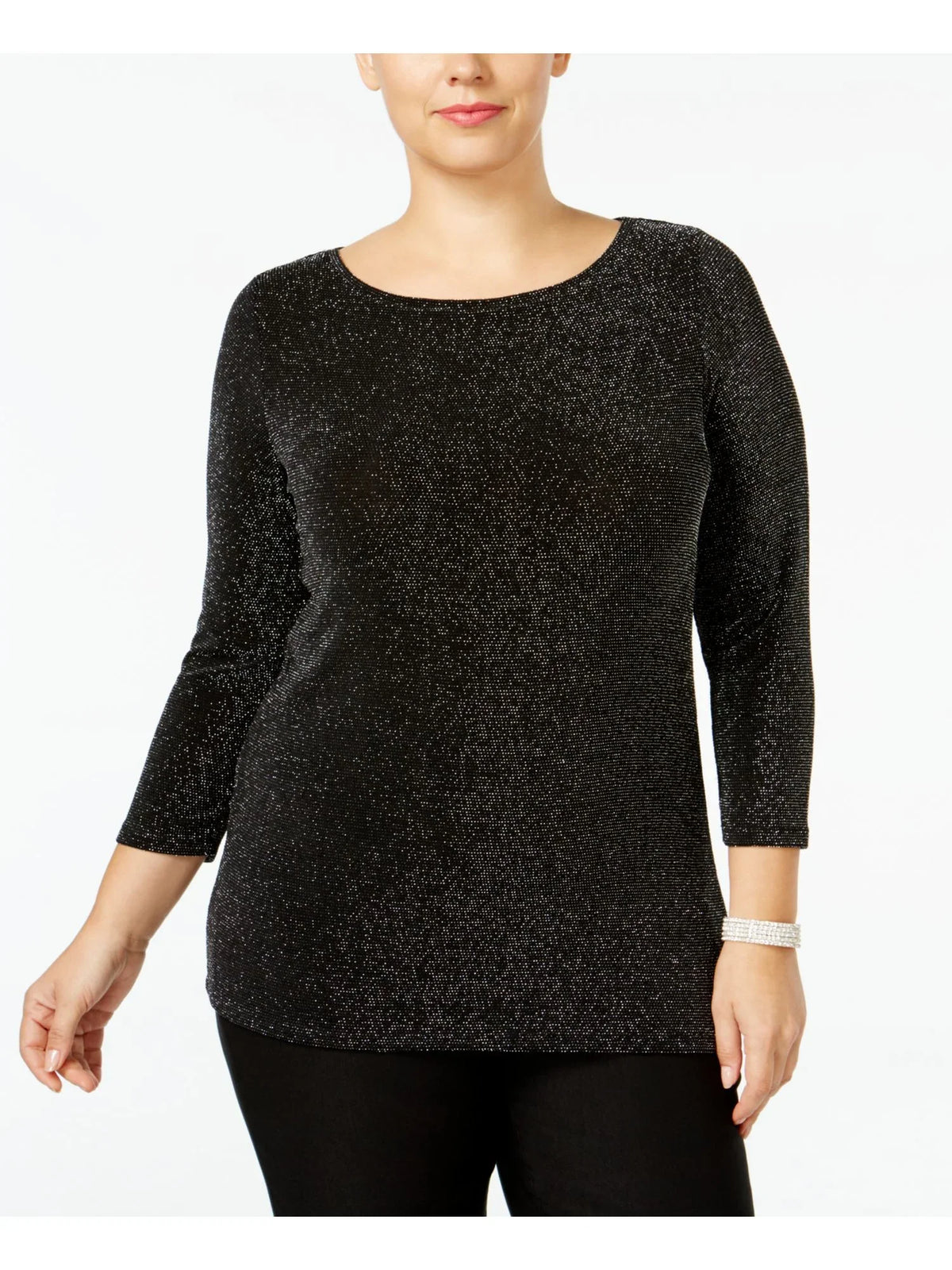 Sweater Black MICHAEL Womens 2X KORS 3/4 Sleeve Metallic Neck Plus Boat