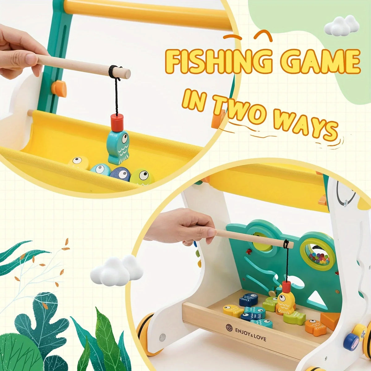 Sit-to-Stand Baby Kids Push Wooden Walker Multiple Shape Walker Baby Learning Entertainment Toy Xylophone Girls with Push Along Infants Activity Center for Toddler Boys Fishing Sorter Trolley