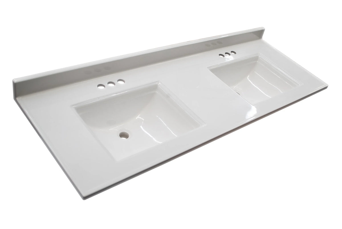 Top House Rectangle Mount Double Bowl 61-inch Integrated Marble Cultured Camilla Solid Design Vanity White 557678-WHT Centerset Backsplash, with
