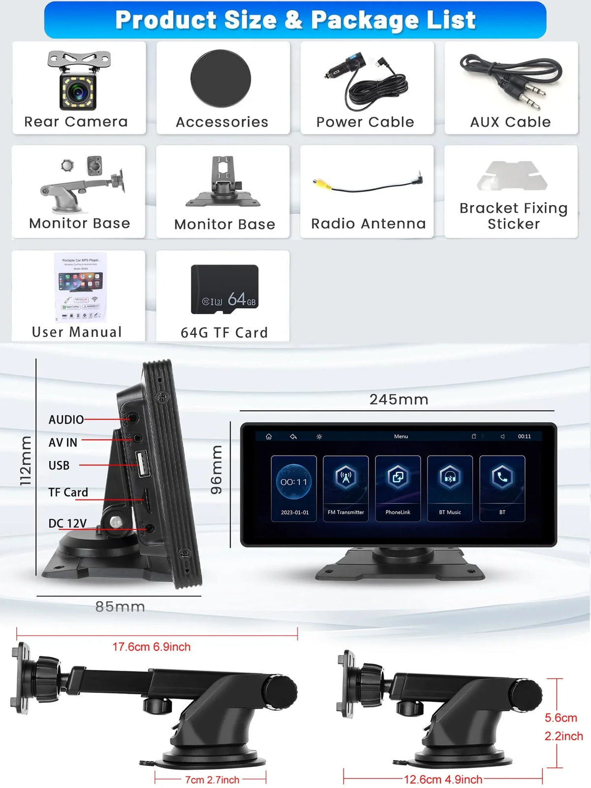 Android Podofo Suv Carplay Bluetooth with Auto 7-32V Van Pickup Link Touch for Vehicles, AUX Car FM Camera Mirror Stereo Card&Backup Portable Radio Screen 64G Car 10.26" Wireless