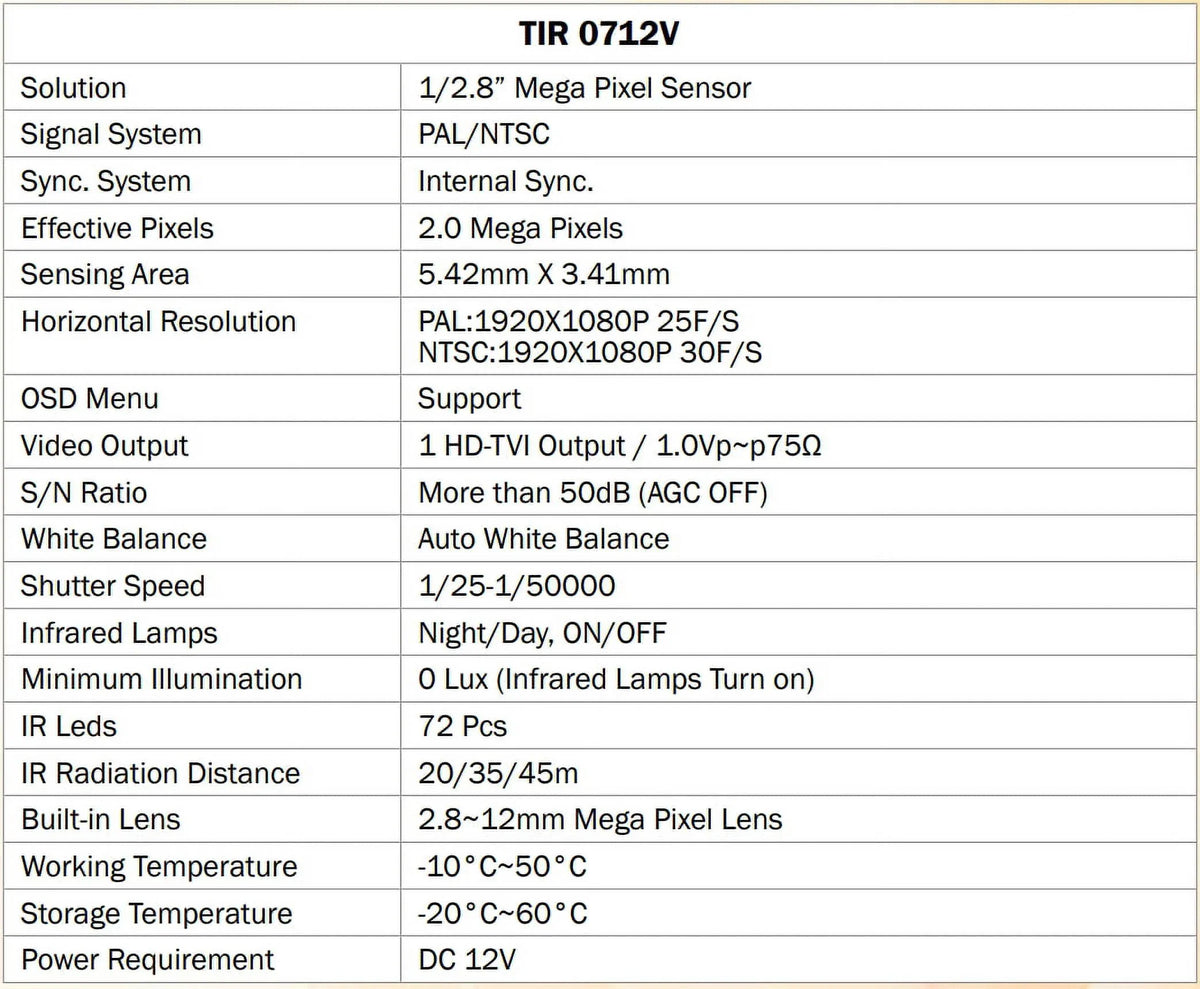 HD-TVI Bullet 12V Eyemax IR TIR-0712V Outdoor DC Camera, 2MP LED 2.8-12mm, 72