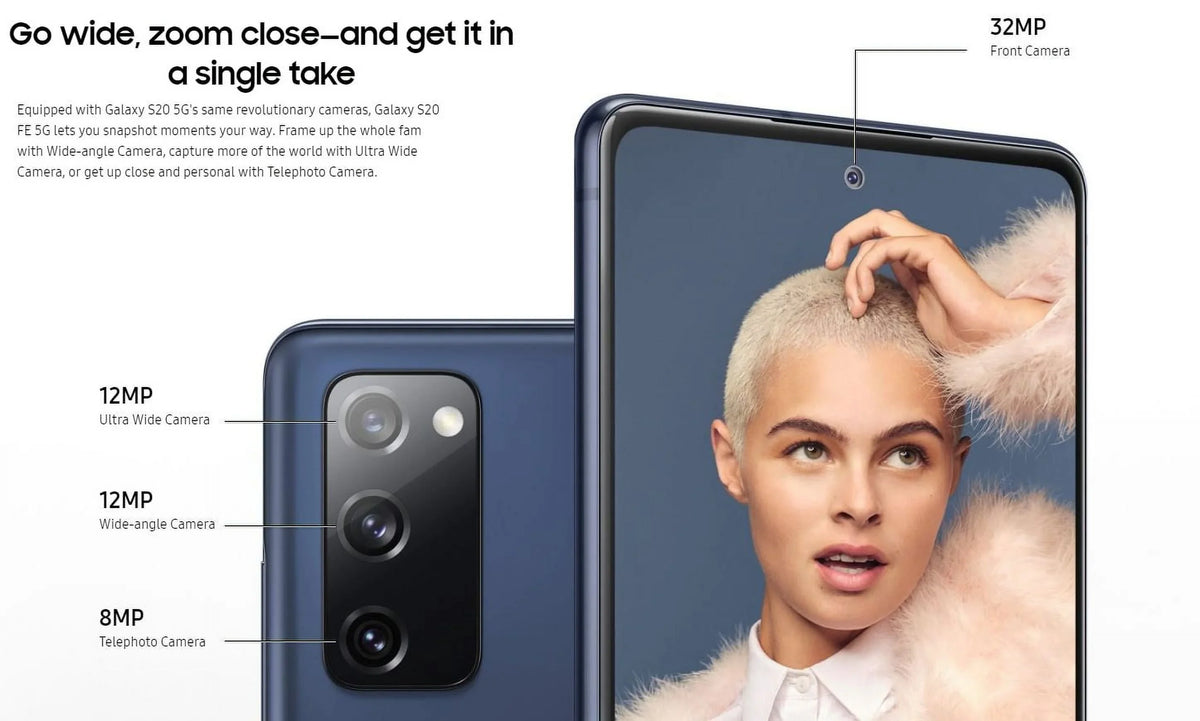 5G camera MP 5G Galaxy S20 - - Internal MP, pixels navy OLED microSD 3x 8 6 Hz) - cameras RAM 6.5" smartphone 1080 - 2400 MP, 128 - 12 Samsung slot display / - - MP rear 12 FE (120 GB GB - x cloud Memory front 32 -