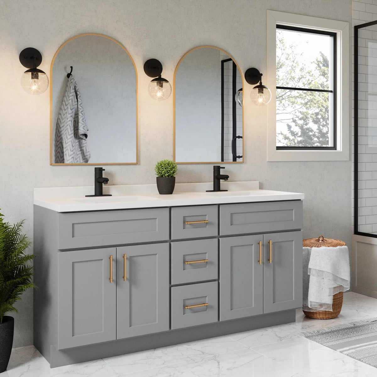 Top House Rectangle Mount Double Bowl 61-inch Integrated Marble Cultured Camilla Solid Design Vanity White 557678-WHT Centerset Backsplash, with