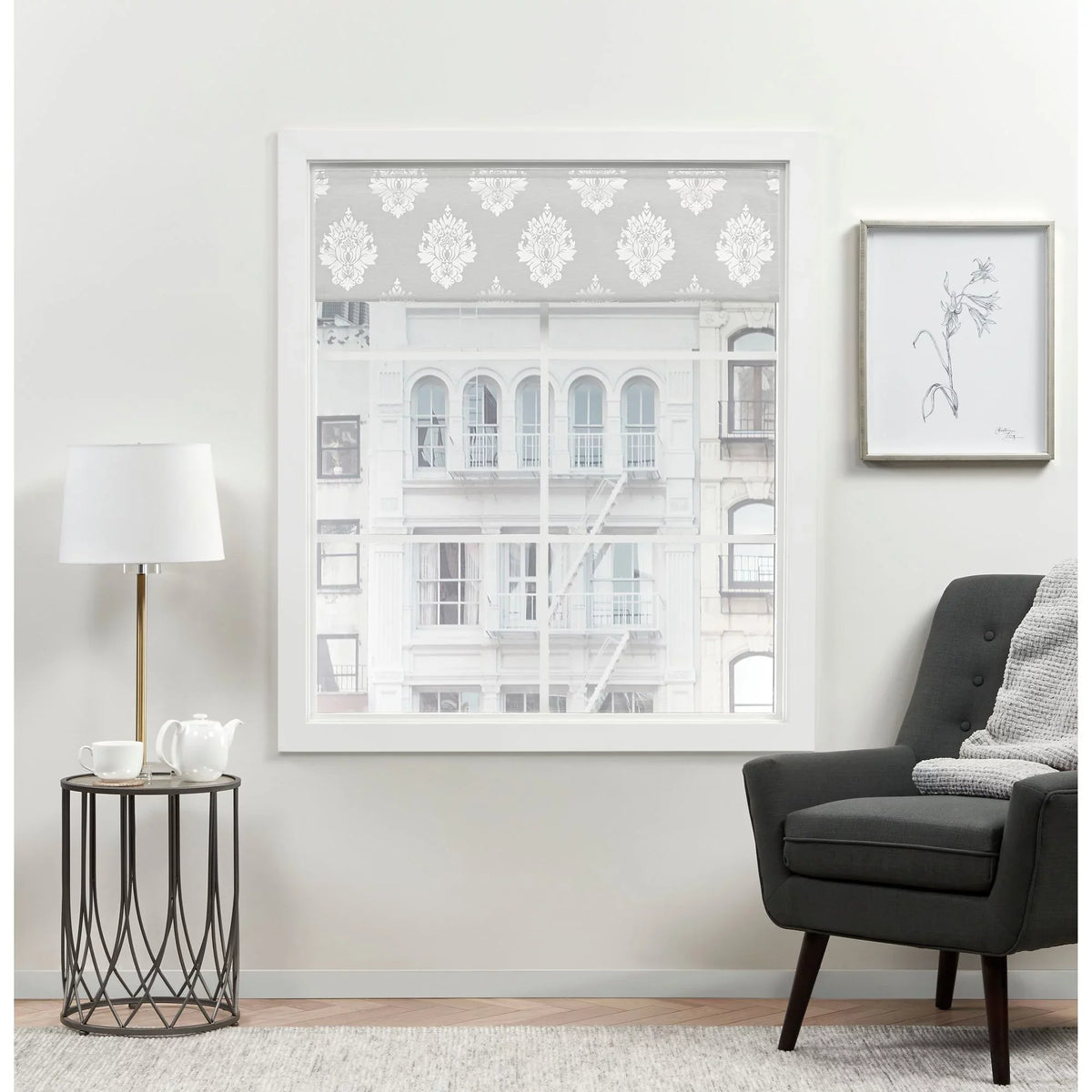 Silver Damask Exclusive Home 34"x64", 100% Marseilles Roman Shade, Blackout