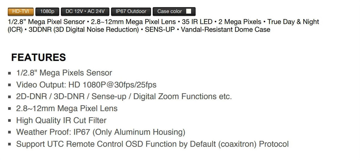 1080p Vandal DOME TIV-134V-W Power IR Eyemax Camera Dual 2.8-12mm, LED HD-TVI 35 IR