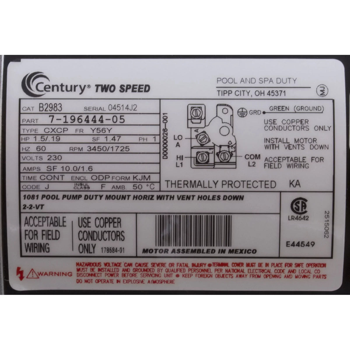 1.5 Pool Century # 56Y B2983 2-Speed Square Flange hp Motor 230V Frame