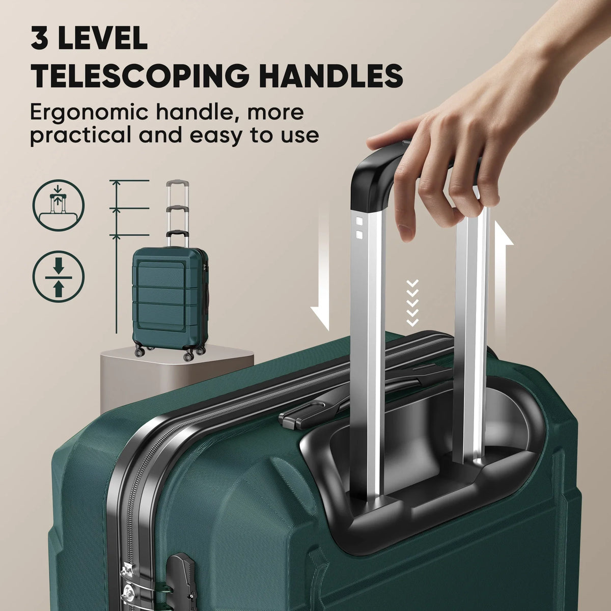 AEDILYS Sets, ABS Suitcase 3 Green TSA Luggage Hardside Set, Lock, Piece
