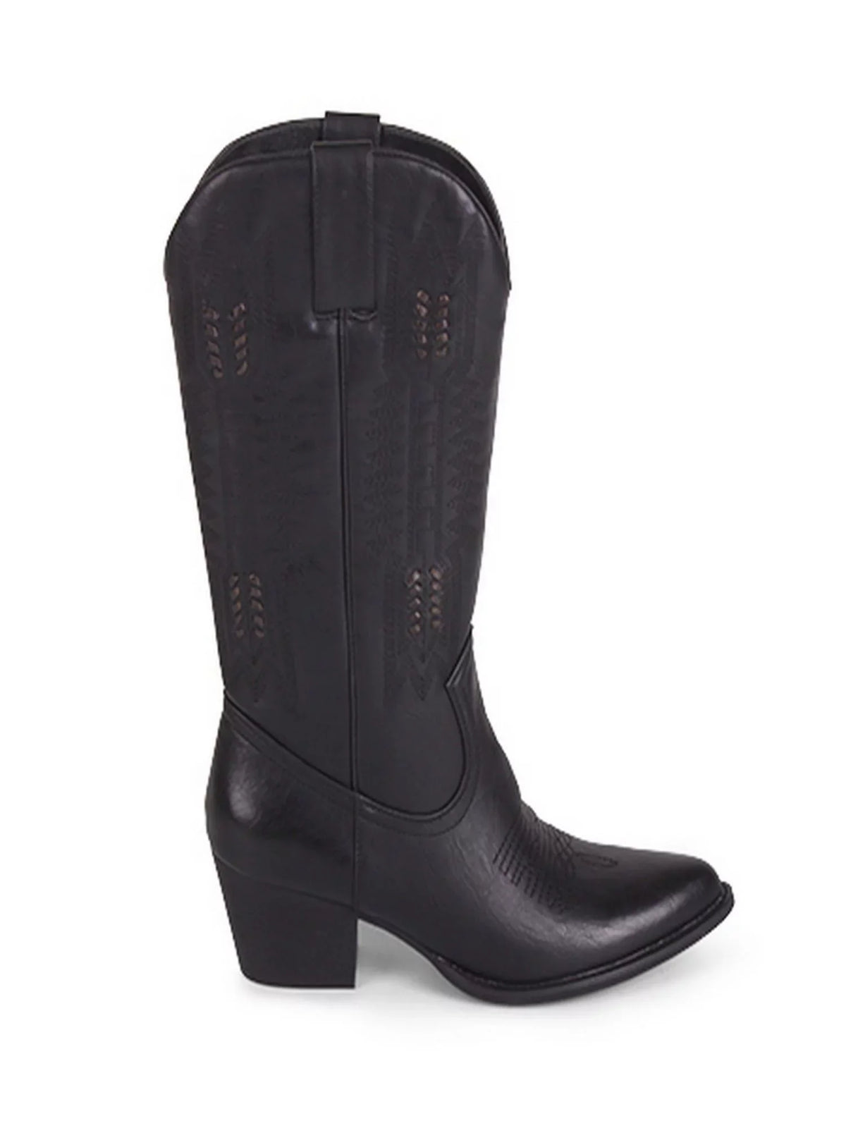 Woven Padded Womens Block Heel Pointed WANTED Western Black Boot Texan Tabs Detailing Pull Whip-Stitch Toe 8.5
