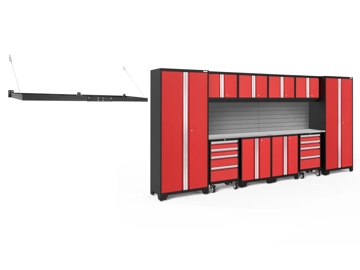 Duty Garage Storage Steel Slatwall Set, Wall Bold System, NewAge Cabinet Shelf Heavy Mounted Red / Products Included Series 24-Gauge 13 Piece