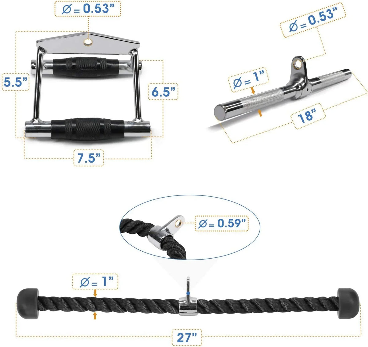 Rope + Cable D V-shaped Combo Double Handle Bar Tricep Yes4All Attachment +